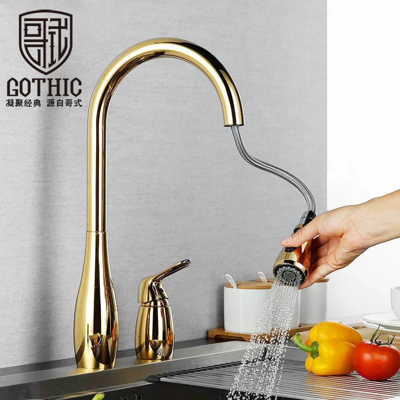 Modern Luxury Kitchen Faucet Brass Material Double Hole Sink Faucet Rotatable Mixer Pull Out Kichen Hot&Cold Mixer Tap Gold