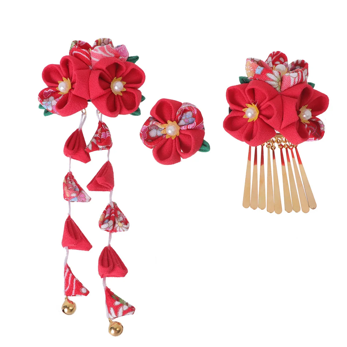 3Pcs Japanese Style Hair Clips Set Cloth Flower Barrette Side Back Hair Accessories for Kimono Yukata Outfit Elegant Gift Women