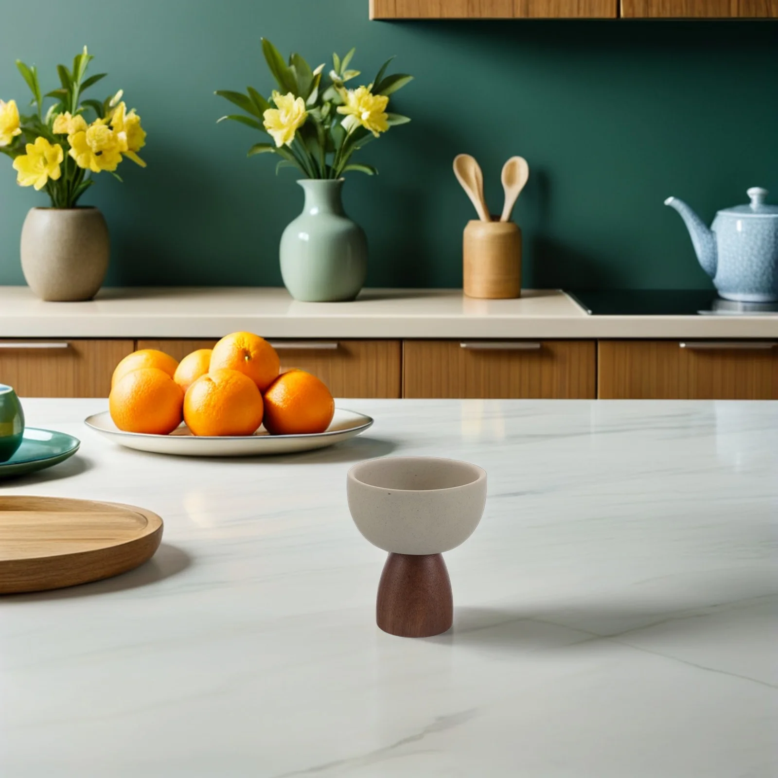 

Ceramic Pudding Cups Unique Ice Cream Bowl Wood Base High Pedestal Design Dessert Serving Reusable Footed Bowl Party Hotel