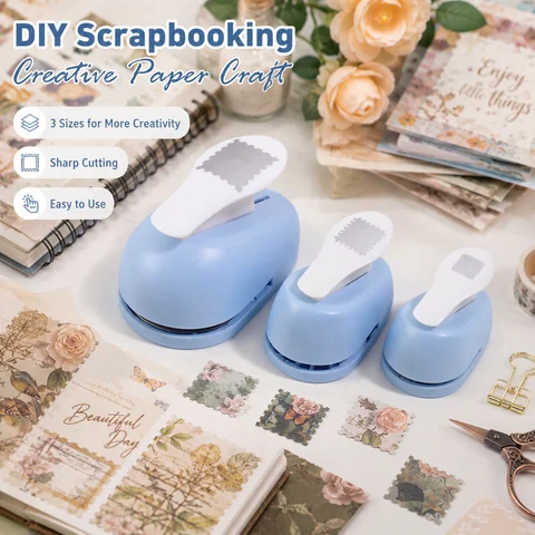S/M/L Postage Stamp Shape Craft Punch, Lever Action Scalloped Paper Punch for Scrapbooking, DIY Card Making Paper Craft Tool