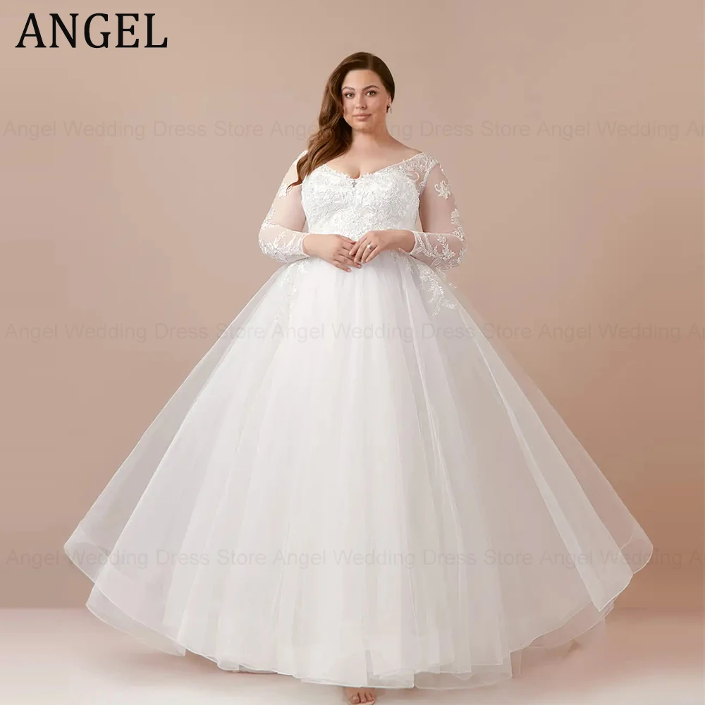 

ANGEL Customized Plus Size Wedding Dress for Bride 2025 A-Line V-Neck Tulle Lace Up Appliques Bridal Gown Lace Vestidos De Noiva