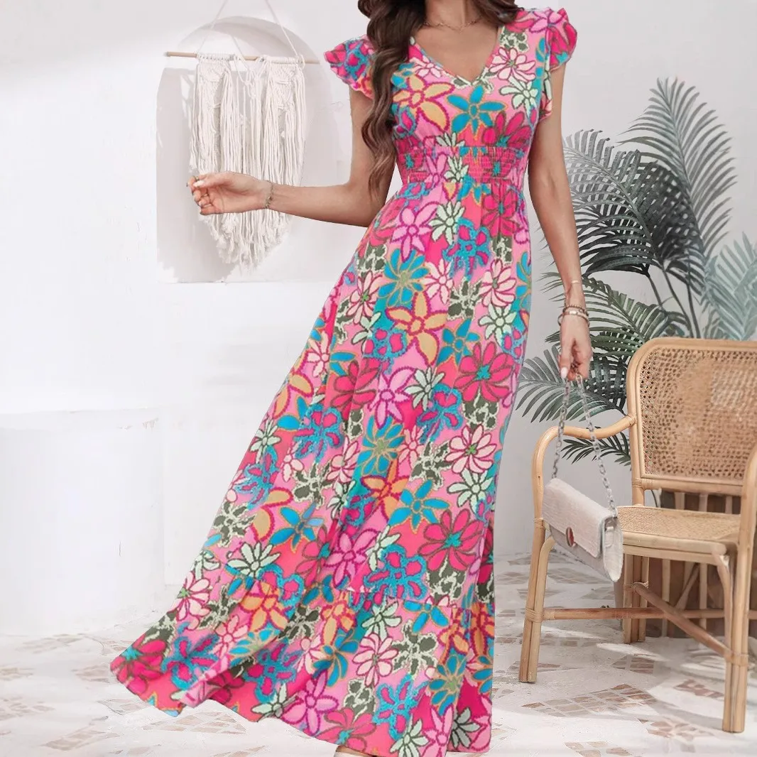 Puff Short Sleeves Printed Dresses a Line Refined Commuter with V Neck Elegant and Refined Spring Single Dresses for Women