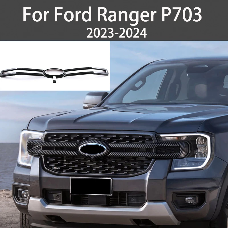 

For Ford Ranger P703 T9 Wildtrak 2023-2024 Carbon Fiber Texture Front Grille Trim Modified Grille Frame Front Bumper Bright Trim