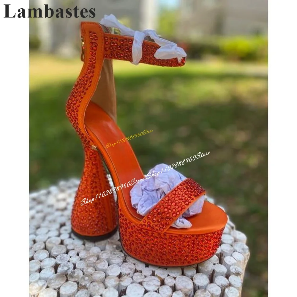 

Sparkling Orange Crystal Decor Platform Sandals Strange Style Heel Shoes For Women Back Zipper Open Toe 2024 Zapatos Para Mujere