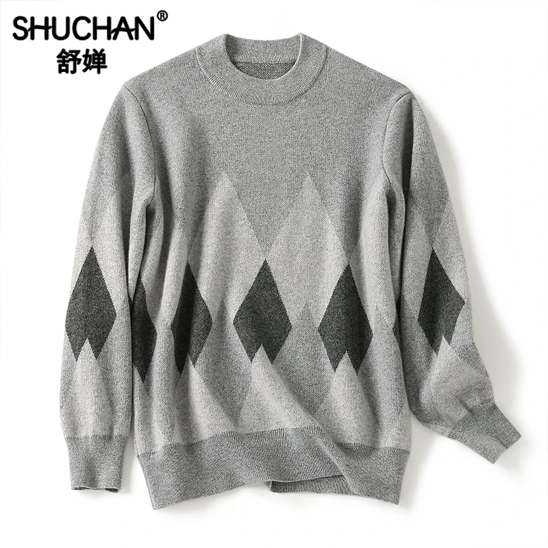 

Men Argyle 100% Cashmere New 2023 Winter Keep Warm Business Thick （Winter) O-Neck Computer Knitted Knit Sweater