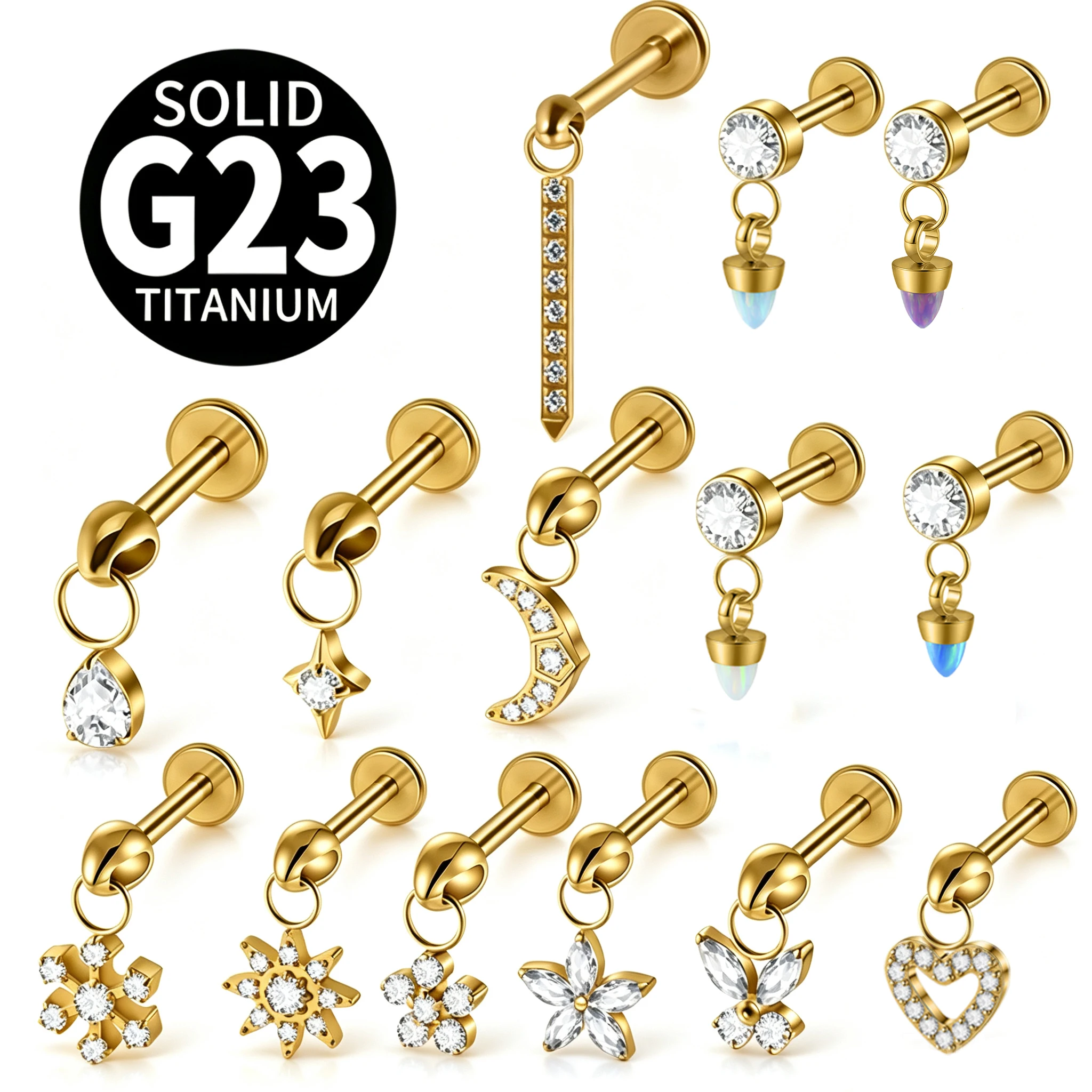 Body Jewelry Vertical Labret - 1PC G23 チタン製隠し型垂直スターチャーム＆ドロップレットチャーム＆フラワーダングルラブレットスタッド内ネジ式ヘリックス・ルークピアス16G