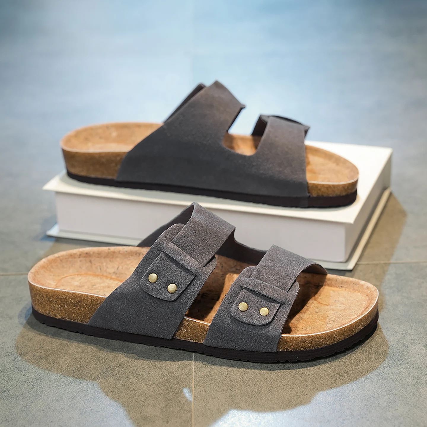 Vintage Style Unisex Double Buckle Flat Beach Slide Sandals with Cork Insole – Casual Comfort for Summer