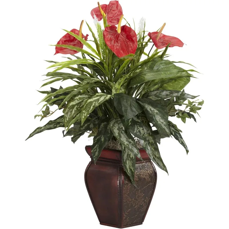 

Mixed Greens & Anthurium with Decorative Vase Silk Plant