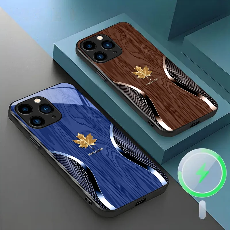 

For iPhone 15 12 Mini Plus 16 e XS 14 Pro MAX 8 11 X XR 13 Magnetic Glass Phone Case Wood Grain Maple Leaf Texture