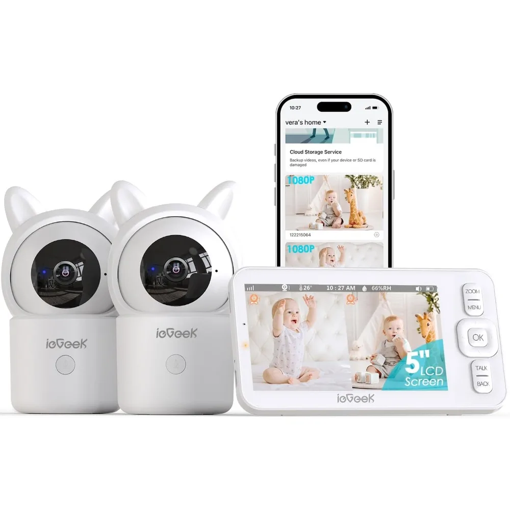 

5-дюймовая радионяня с разделенным экраном, HD-ночное видение, двусторонняя связь, обнаружение хрусталя, датчик температуры и влажности, монитор радионяни с Wi-Fi