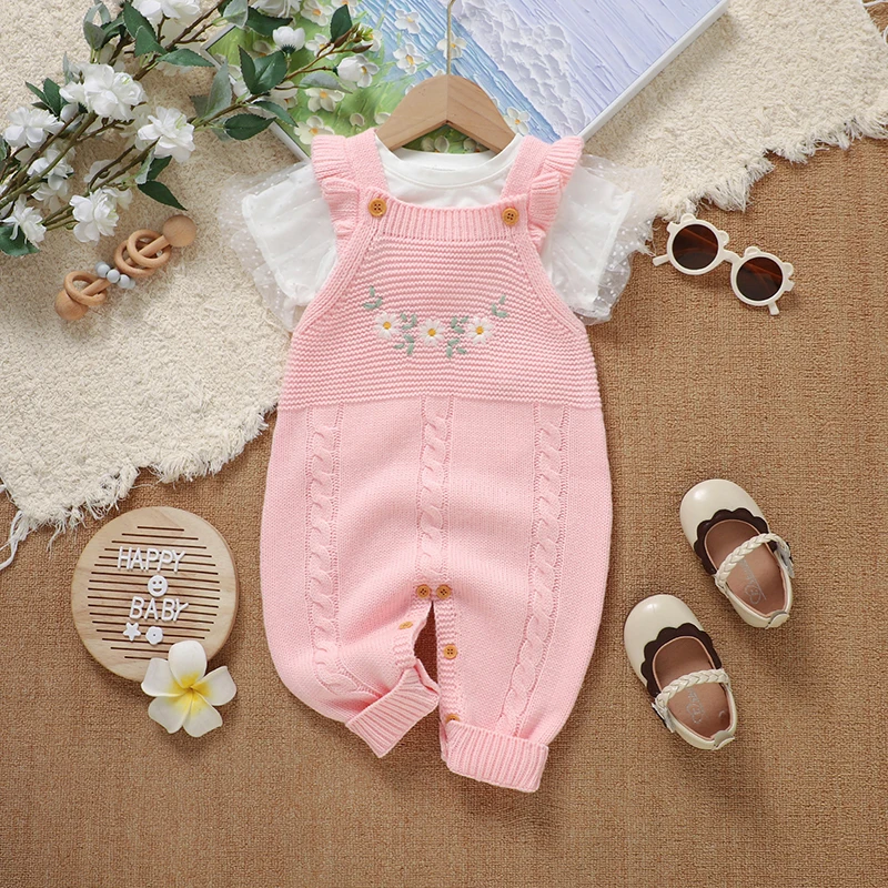 

Sleeveless Floral Embroideried Baby Girls Rompers Newborn Infant Jumpsuits 0-18m Toddler Children Outwear Knit Playsuits Clothes