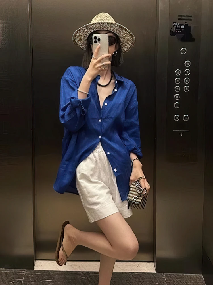 長袖コットンリネンオーバーサイズシャツ女性白ロングシャツ春夏レディビーチカジュアルアウターベーシックトップブラウス