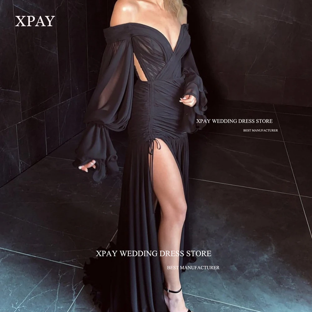 

XPAY Sexy Off the Shoulder Chiffon Prom Dresses Puff Long Sleeves Split Black Evening Gowns Arabic Women Formal Party Dress