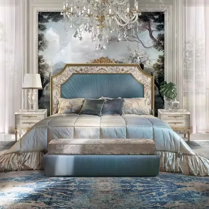 French Shell Parquet Double Bed European Style Villa Master Bedroom Queen Size Solid Wood Frame Fabric Upholstered Princess
