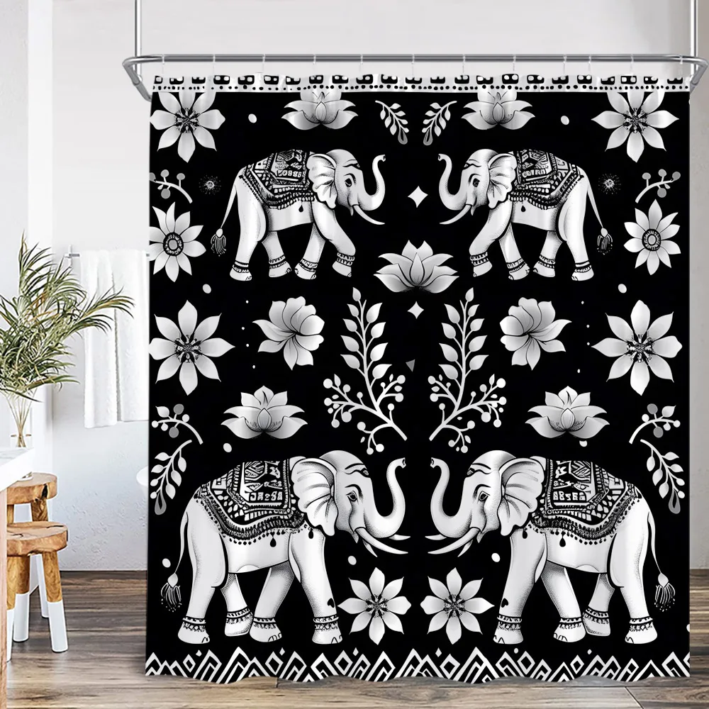 Elephant Boho Shower Curtain Mandala Colorful Flower Doodle Wild Animal Art Bathroom Decior Ethnic Indian Bath Curtain with Hook