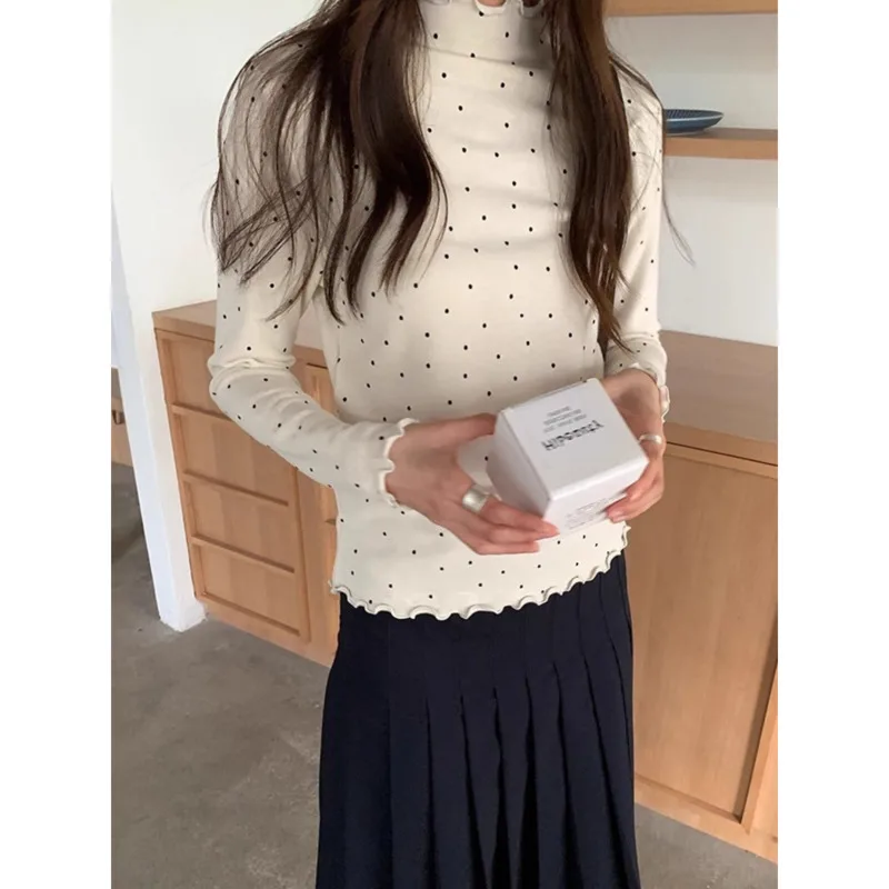 

Polka Dot Ruffled Turtleneck Bottoming Shirt Women Winter Vintage Warm Slim Long Sleeve T-shirt