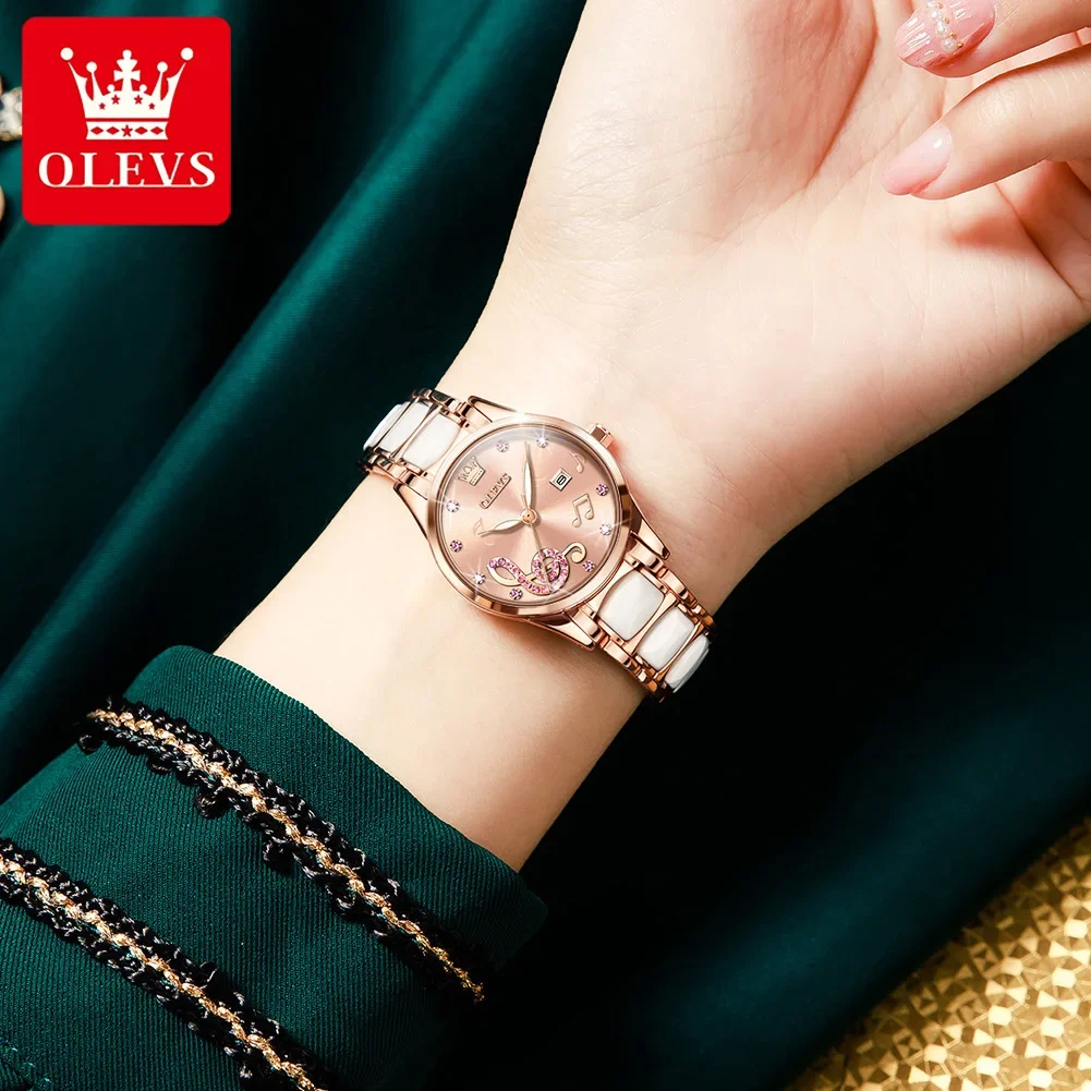 OLEVS 3605 Ceramic Strap Japan Quartz Women Wristwatch, Ceramics Luxury Fashion Waterproof Watch For Women Luminous Calendar