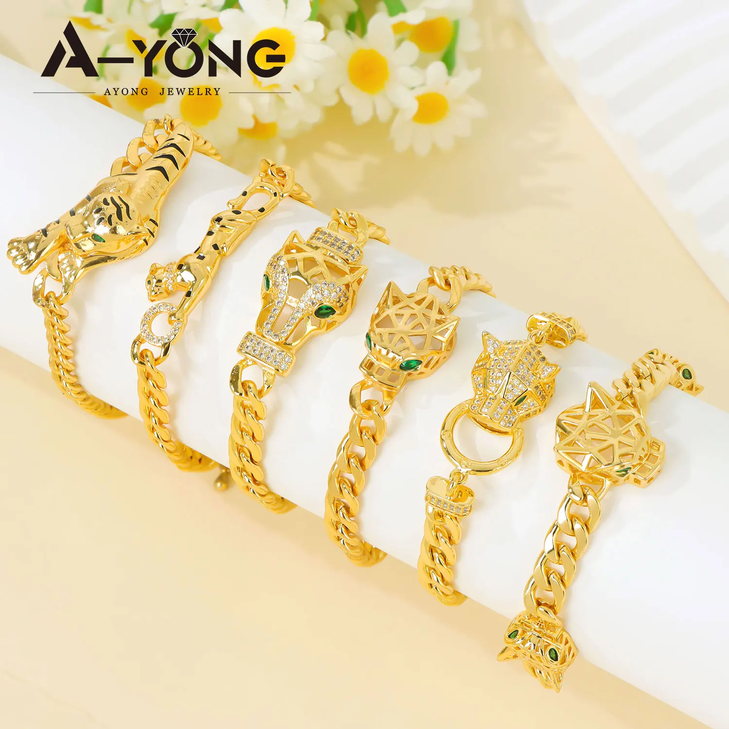 Italian Zirconia Hip Hop Leopard Bracelet 21k Gold Plated Punk Panther Bracelets Middle East Women Vintage Party Jewelry