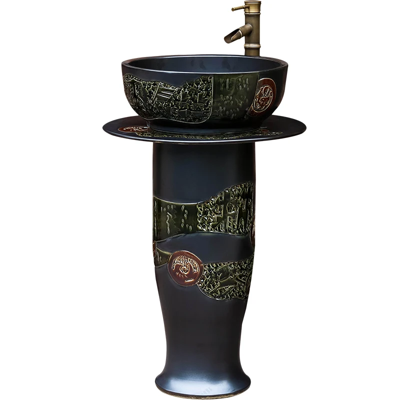 

Ceramic column type small column basin engraving household outdoor bathroom integrated floor washing table