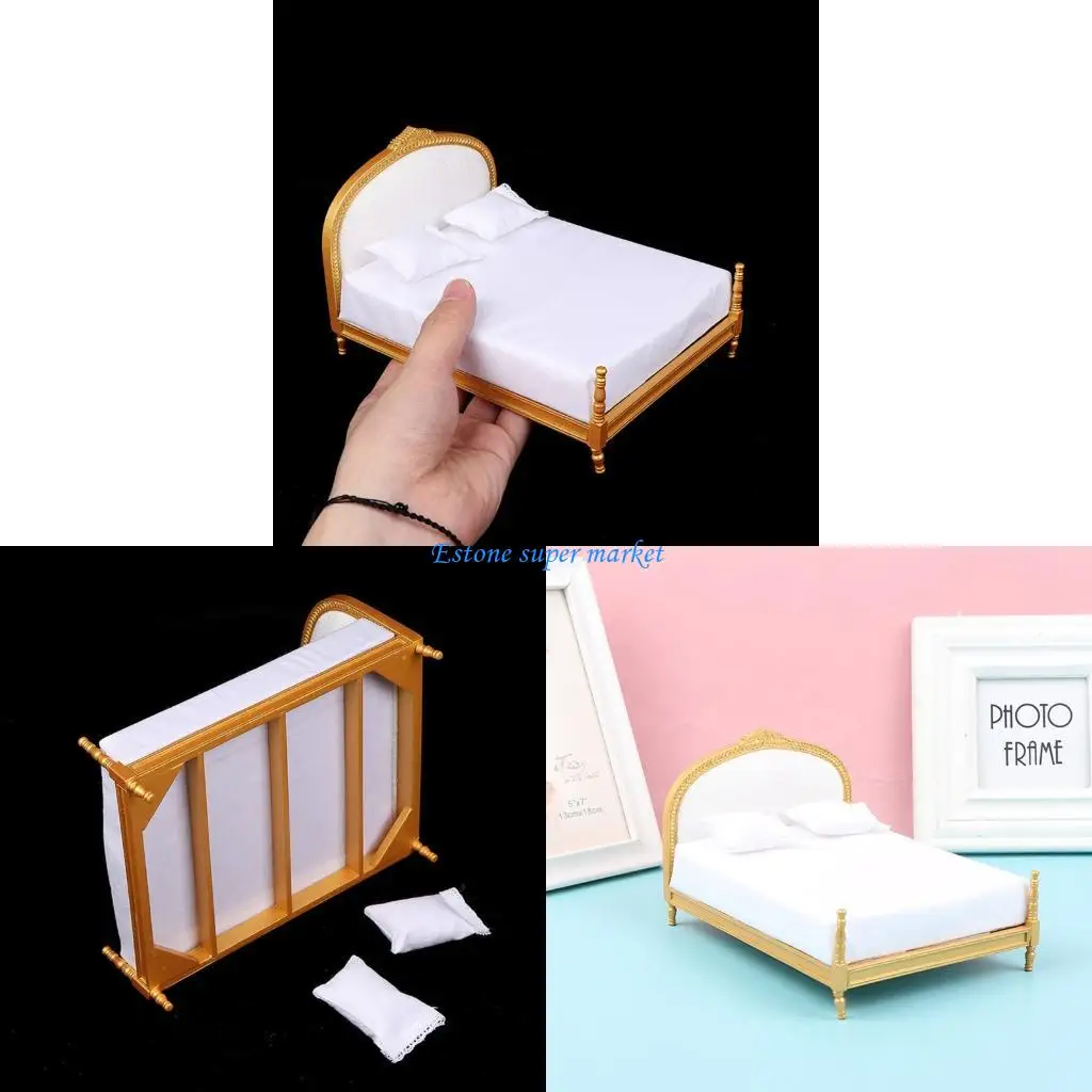 

090B Accurate Golden Fabric Model House Bed Bedroom Furniture 1:12 Miniature Display Accessory