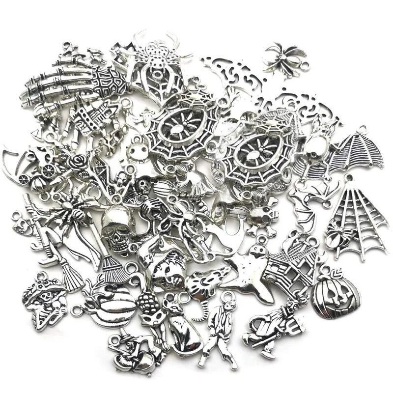 50Pcs Mixed Halloween Bat Skeleton Silver Charms Pendants DIY Jewelry Making