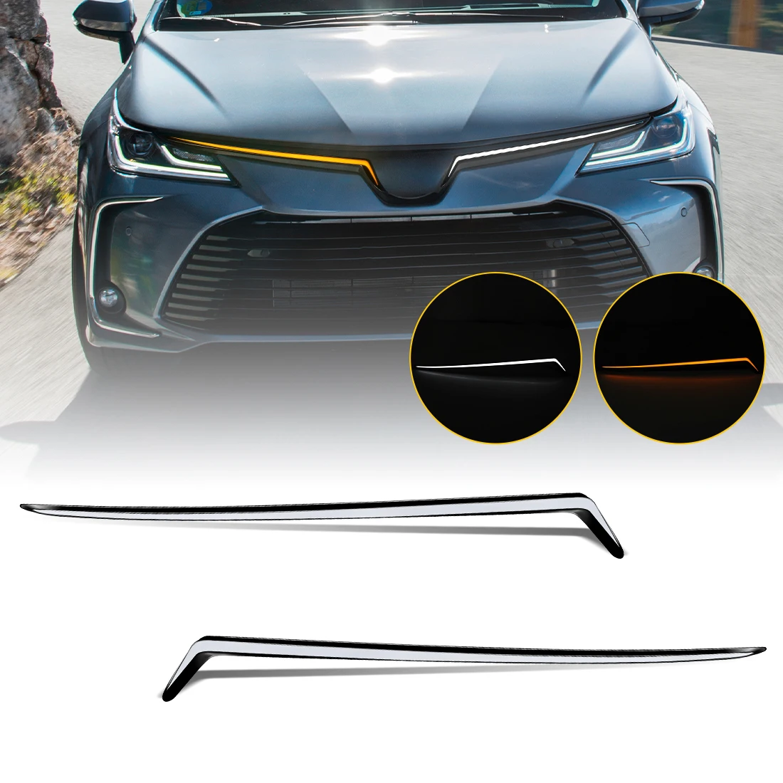 

Светодиодные ДХО для переднего капота Toyota Corolla 2019-2025: Дневные ходовые огни, желтые указатели поворота, подсветка решетки бампера, 12В