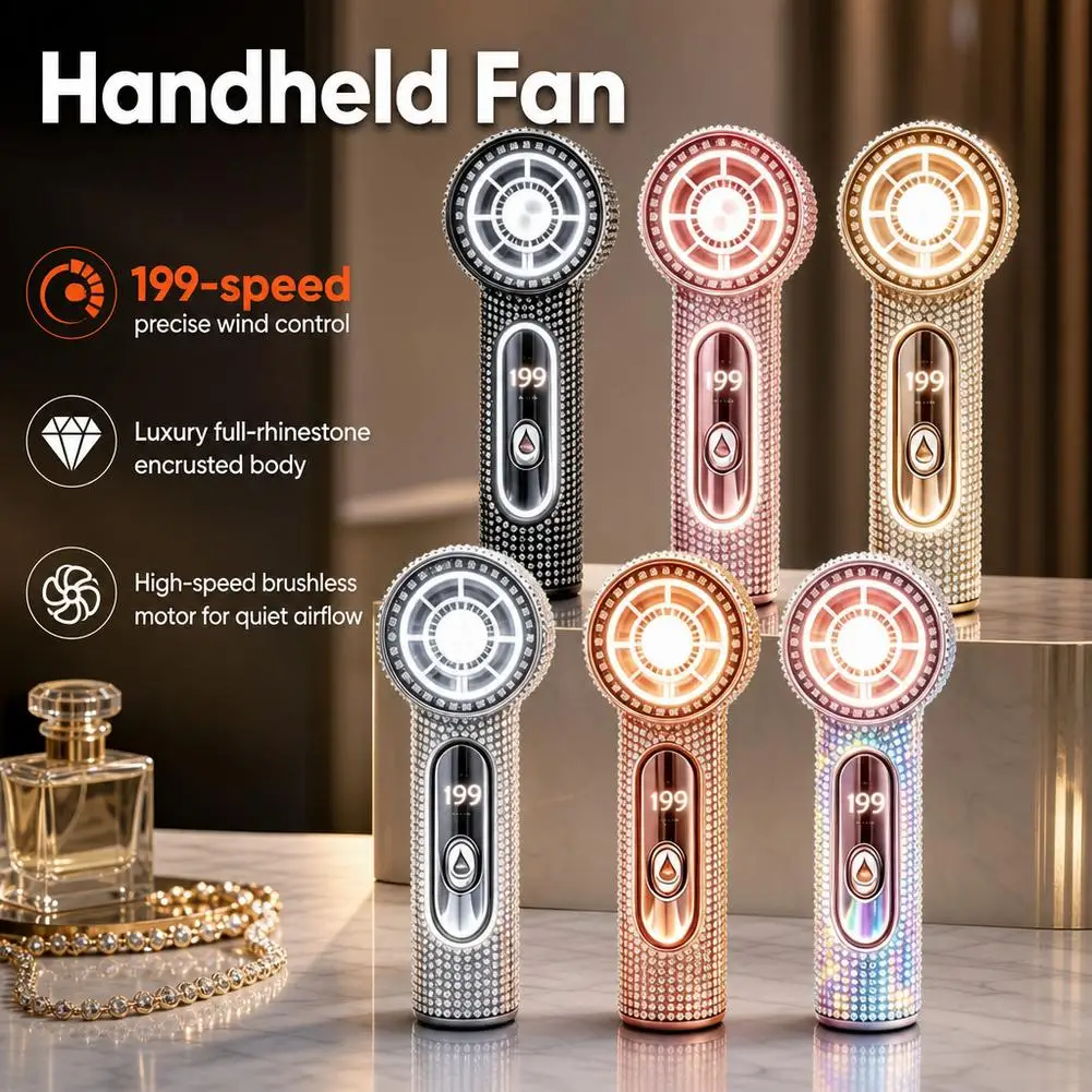 Portable Handheld Turbo Fan Fashion Full Diamond USB Rechargeable Small Pocket Mini Fan for Travel/Outdoor Activities Summer Use