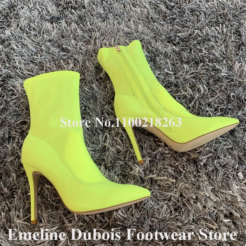 Neon Yellow Short Boots Emeline Dubois Pointed Toe Elastic Stiletto Heel Ankle Booties Zipper-up Banded High Heels Big Size