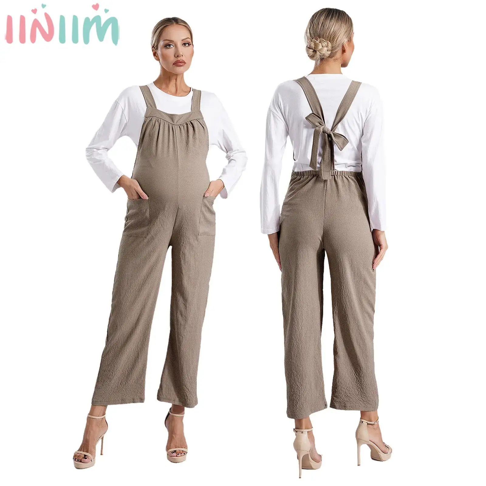 Pregnant Women Summer Fashion Casual Overalls Sleeveless Square Neck Wide Leg Jumpsuit Loose Pants for Daily Office Street Wear