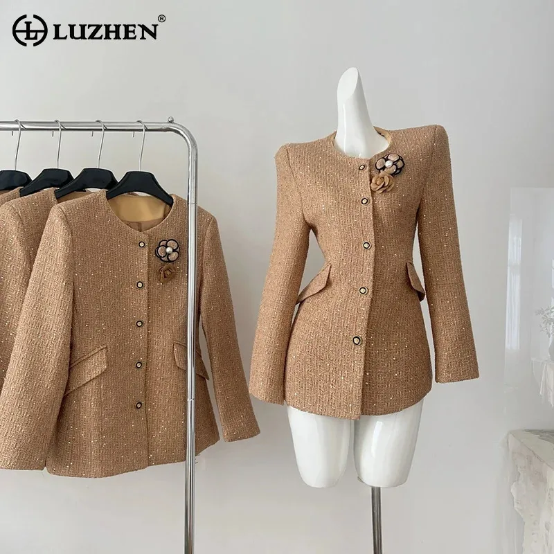 LUZHEN Three-dimensional Decorate Elegant Slim Blazer Dress Women's 2024 New Solid Color Original Luxury Fleece Dresses AA2060