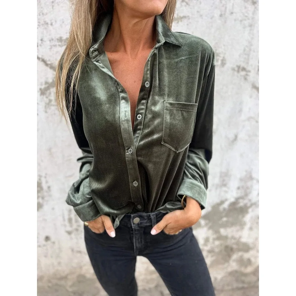 Camisas y blusas de terciopelo para otoño y primavera, Tops lisos de manga larga con una botonadura y bolsillo, camisas Vintage para mujer