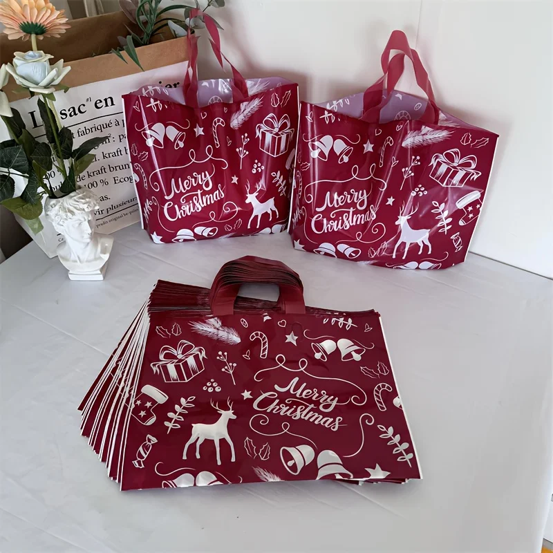 10/50 Stück robuste Weihnachtsgeschenktüten – Burgunderrote Feiertags-Einkaufstaschen mit fröhlichem Weihnachtstext, reißfeste Partygeschenke