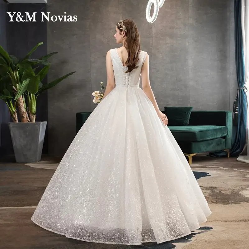 Y & m-vestido de novia con cuentas de perlas, elegante vestido de novia con purpurina hecho a medida, largo, sin mangas, de princesa, para baile