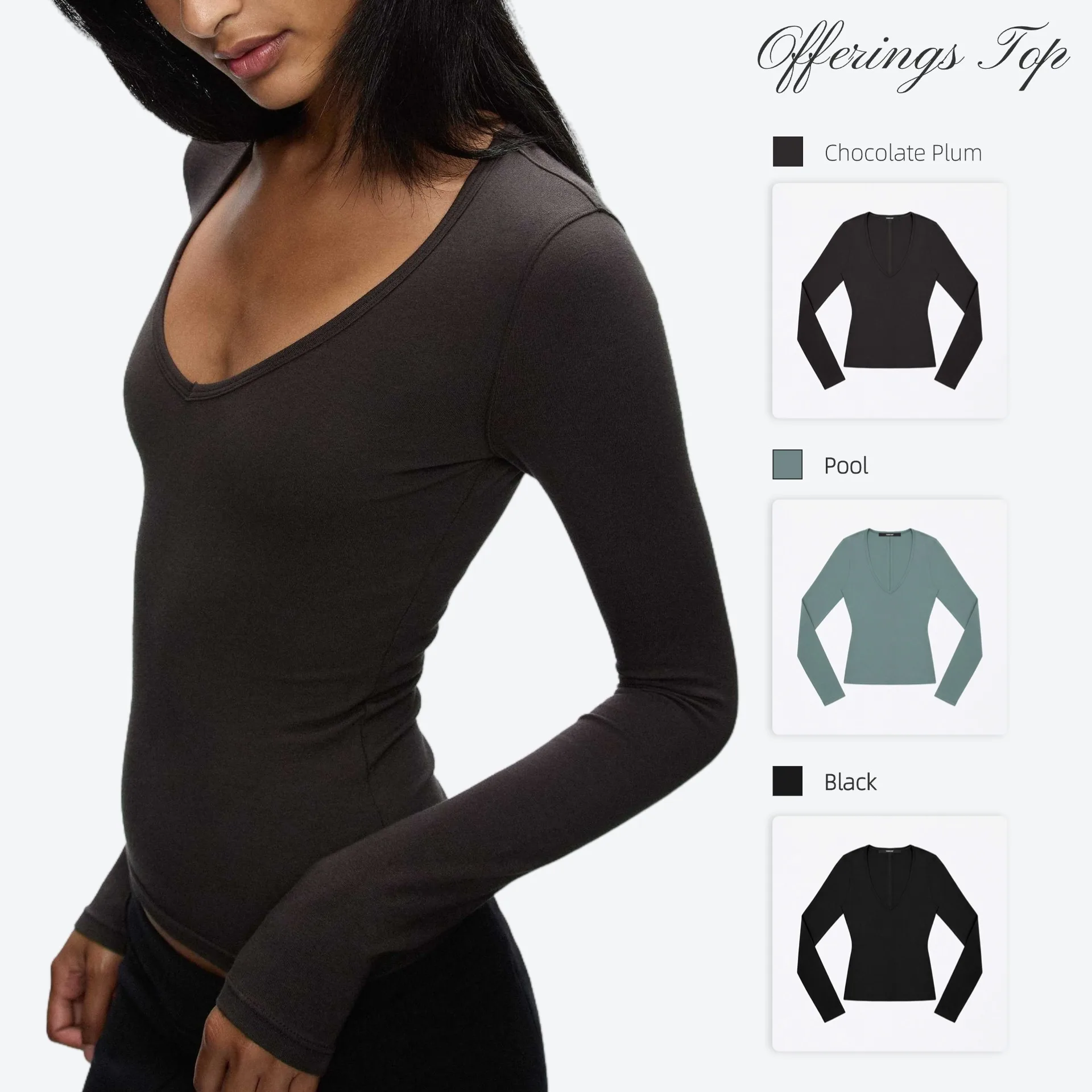 Tank Lake-Blue V-neck Slim-Fit Long-Sleeve Top Chocolate-Brown Fitted Stretchy Base Layer with Structured Shoulders