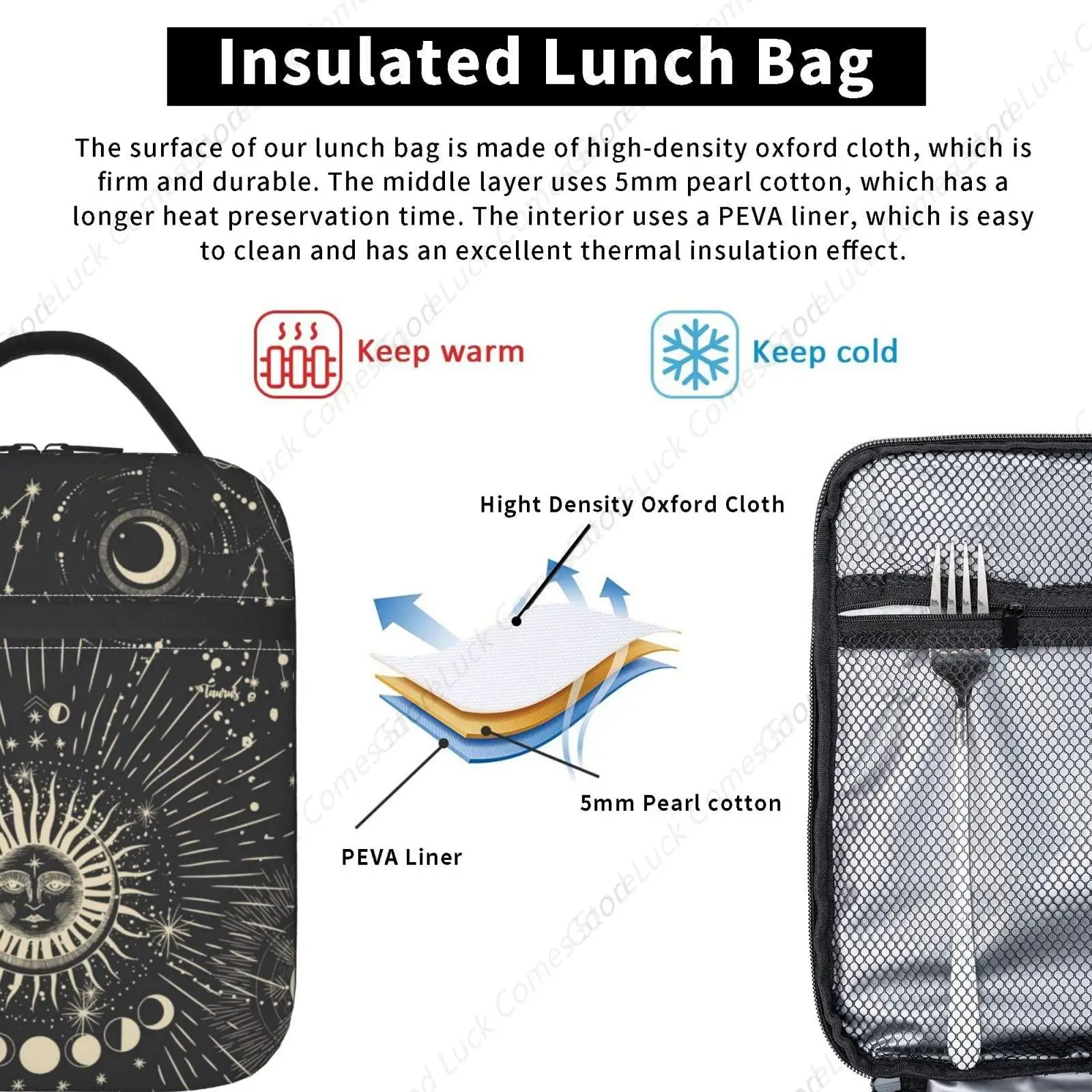 الشمس والقمر الصوفي القوطي ويتشي علب الاغذية قابلة لإعادة الاستخدام معزول حقائب الغداء حقيبة الحرارية برودة لصبي الفتيات مدرسة الرجال النساء الشاطئ