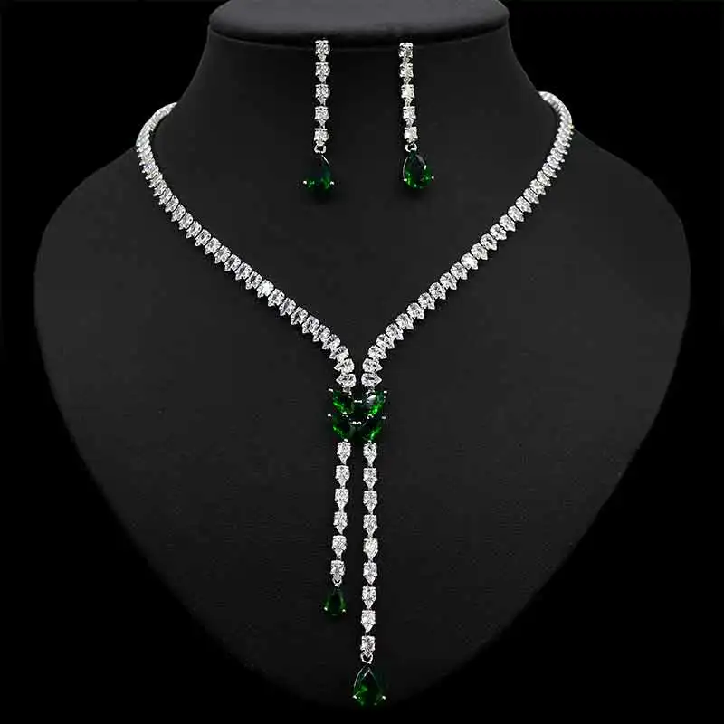 

HIBRIDE Long Tassel Water Drop Necklace And Earring Sets Cubic Zirconia Dubai Nigeria Wedding Jewelry Women Party Set N-928