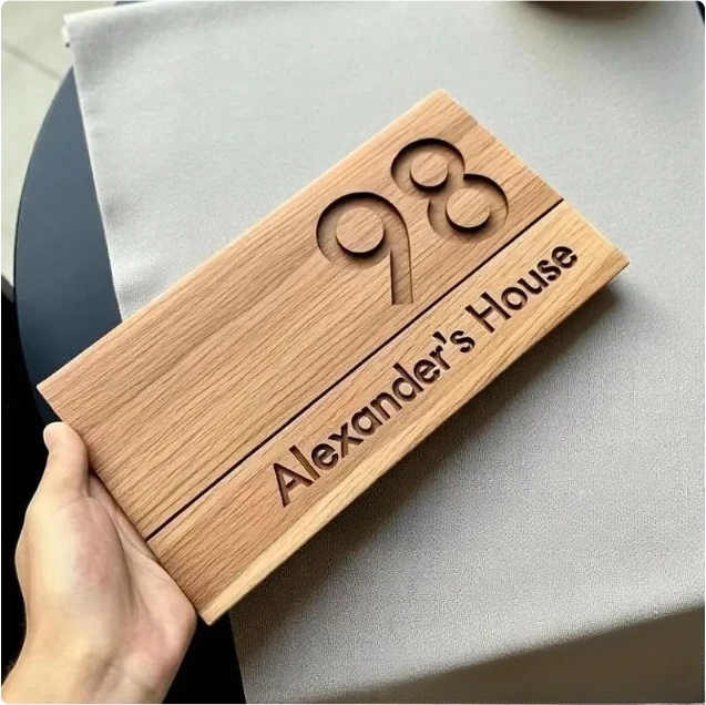 

Wooden Solar Door Sign Laser Cut Carved Hollow Out Customizable Outdoor Waterproof Address Plaque Decor