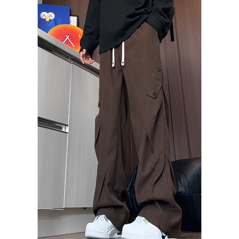 

Men Casual Pants 2025 New Style Personalized Design Autumn Korean Fashion Loose Fit Straight Leg Elastic Waist Pleated Pants