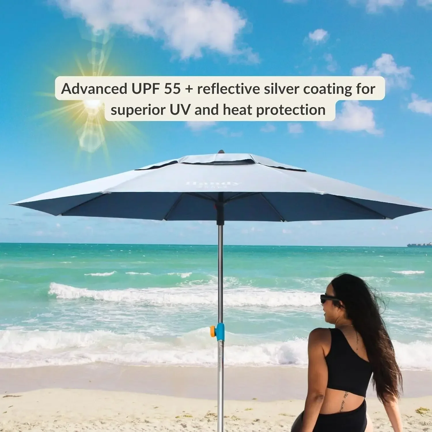 

Handy Beach Umbrella & Anchor System, Large 7ft Silver Coated UPF 55 Canopy, 10 Second Installation, Wind Resistant, Durable, Li