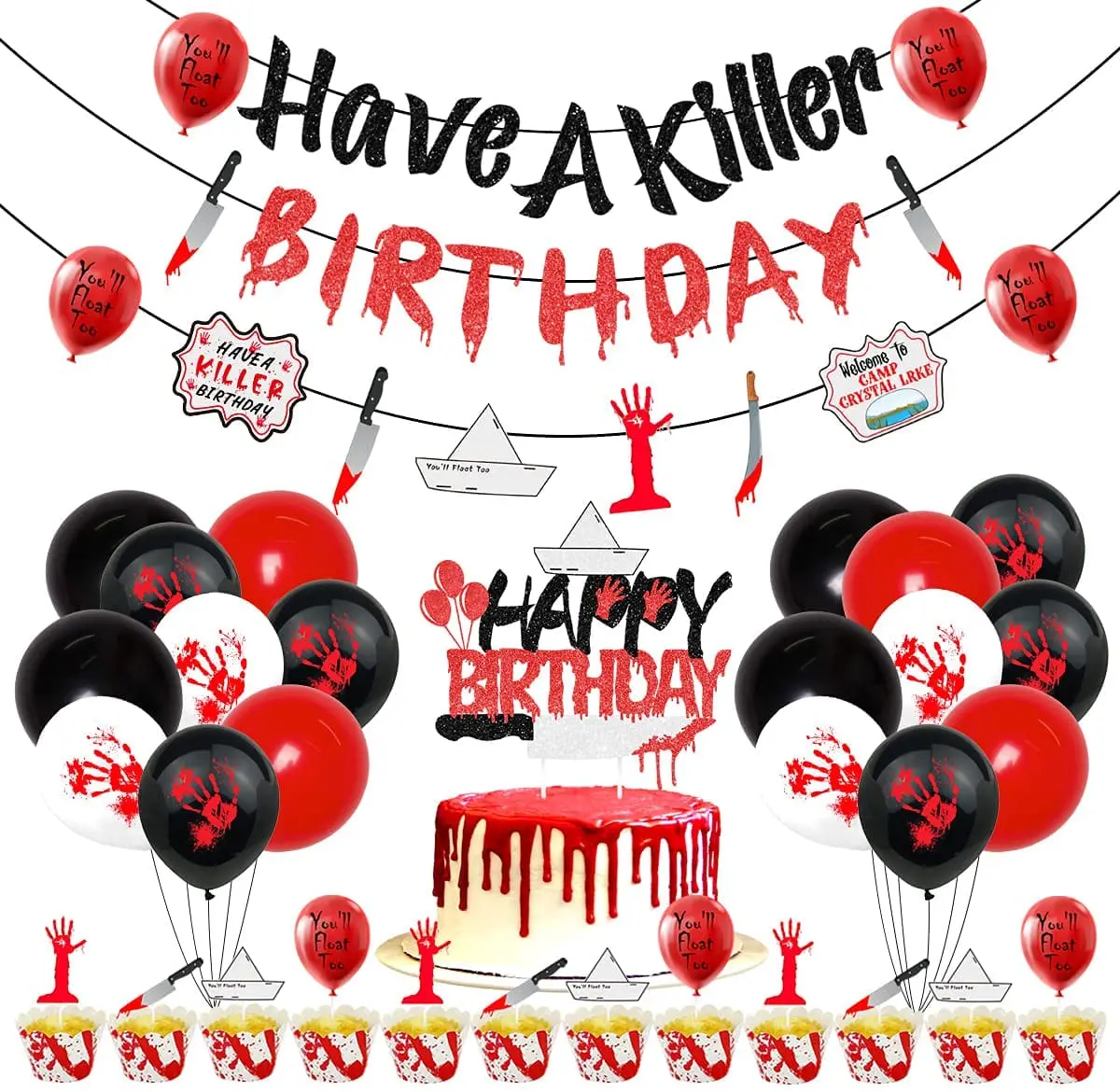 

Halloween Themed Horror Banner Balloon Set Bloody Handprint Pattern Balloon Cake Decorating Kids Birthday Party Supplies