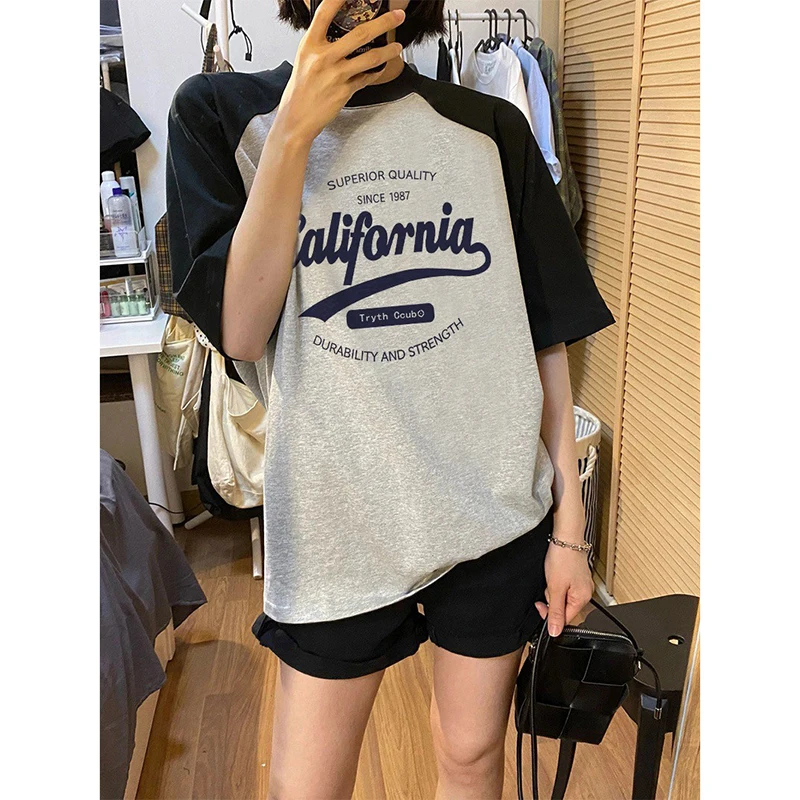Women's Short Sleeve T-Shirt Summer Loose Fit Shoulder Insertion American Retro Large Size Slimming Design Unique Top Cotton image 3