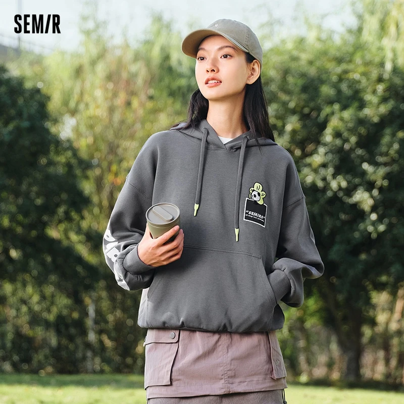 Semir 2024 Sweatshirt Women Embroidered Letter Off-Shoulder Trendy Spring Design Casual Loose Hooded Clothing Personality Top