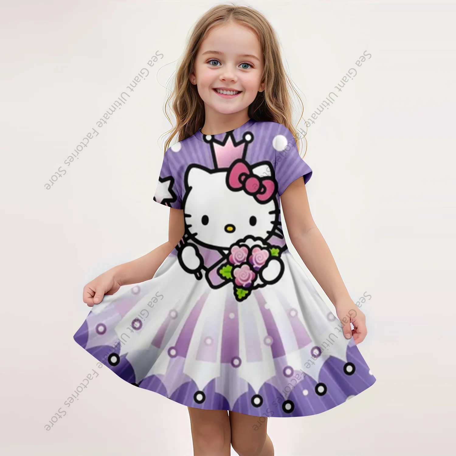 MINISO New Summer Girls Dress Fashion Cartoon Cute Hellokitty & Melody 3D Printed Dresses Kids Short Sleeve Princess Clothing