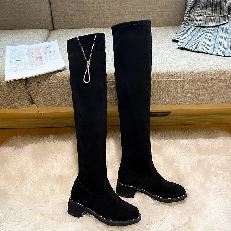 Footwear Middle Heel Shoes for Women Ladies Boots Above Over The Knee Elastic Black Thigh High Sock Spring 2024 Winter Novelty