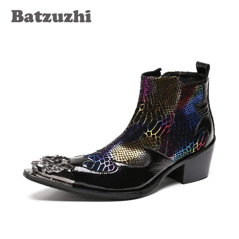 

Batzuzhi Western Boots Men Pointed Metal Tip Punk Leather Boots Men Club/Business/Stage Boots Men 6.5cm Height Increased