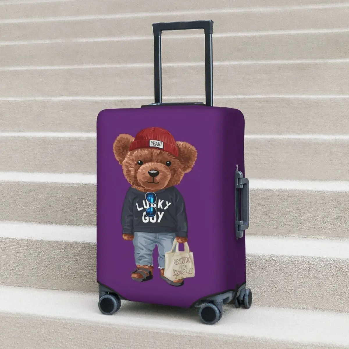 

Bear Print Suitcase Cover Animal Cartoon Purple Cruise Trip Protection Holiday Elastic Luggage Case