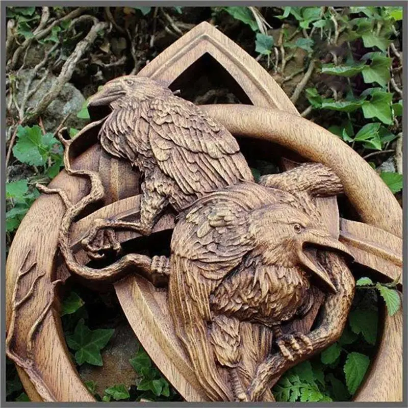 B84B Norse Pagan Gods Wall Hanging Decor, 2X Carving Heathen Norse Rune Resin Statues, Odin Raven Yard Decoration, 20x20cm