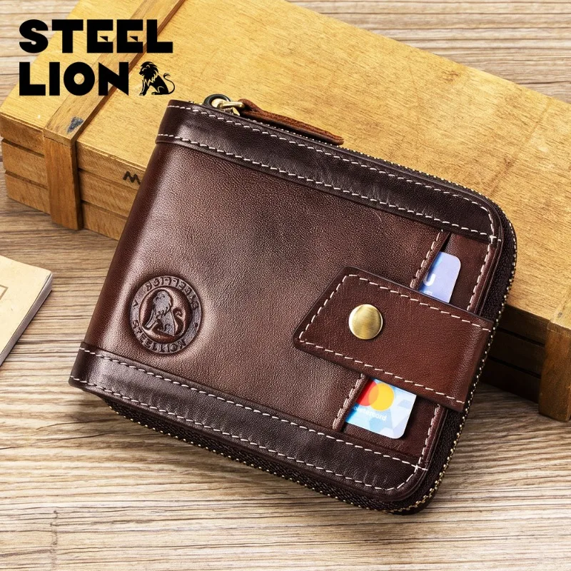 Men Short Zipper Genuine Cowhide Wallet Retro Anti‑RFID Blocking Multi‑function Driver License Business Card Holder Purse