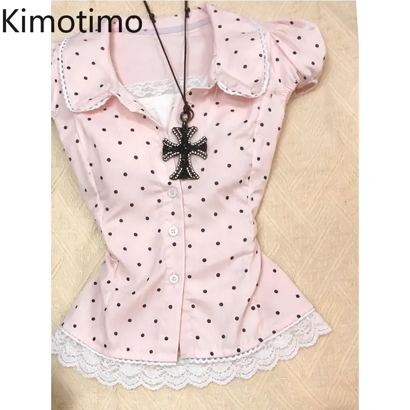 Kimotimo Sweet Polka Dot Short Sleeve Shirt Women 2026 Summer Lapel Slim Waist Crop Top Vintage Y2k Aesthetic Spicy Girl Blouse