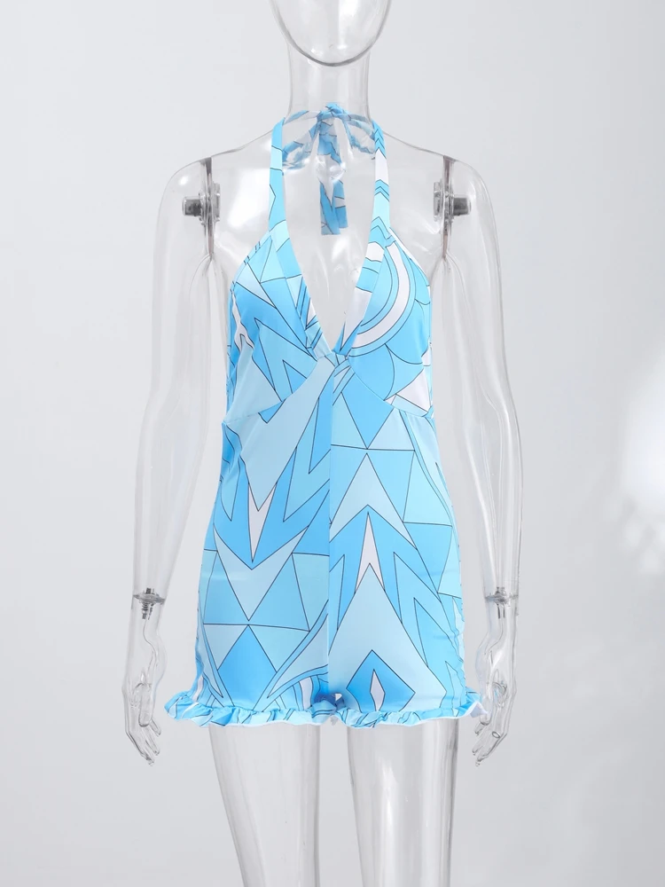 Holiday Geometric Print Halter Women's Bodysuit Ruffle Hem Backless Sleeveless Slim Romper 2026 Summer Beach Short Playsuit view 5